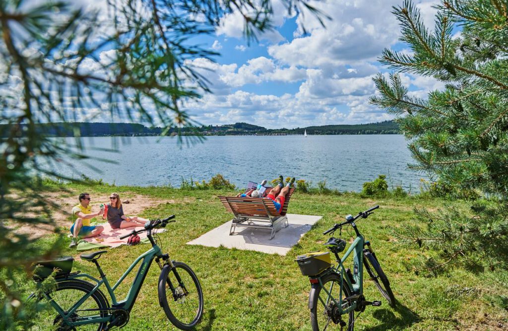 Das Bild zeigt eine Szene am See. Es ist ein Paar beim Picknick und eins auf einer Liege zu sehen. Im Vordergrund stehen zwei Ebikes